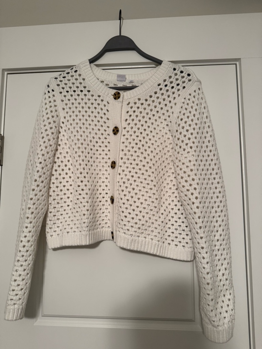 GAP Open-Knit Cropped Button Cardigan — White with Tortoiseshell Buttons